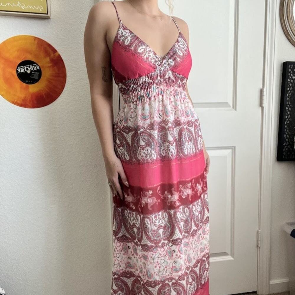 Y2K She's Cool Pink Paisley Print Smocked V Neck Maxi Dress Sz M
